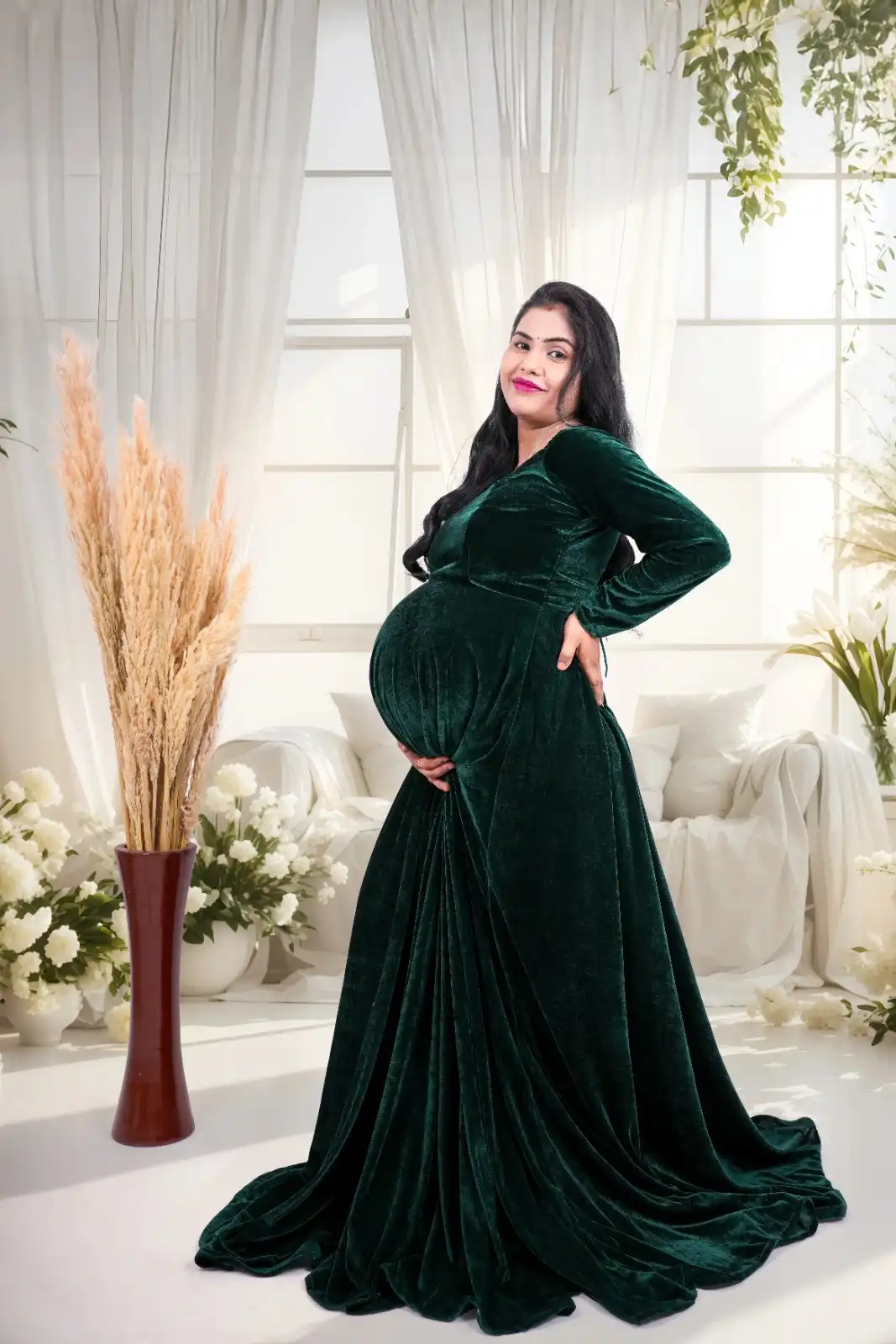 maternity shoot in green gown